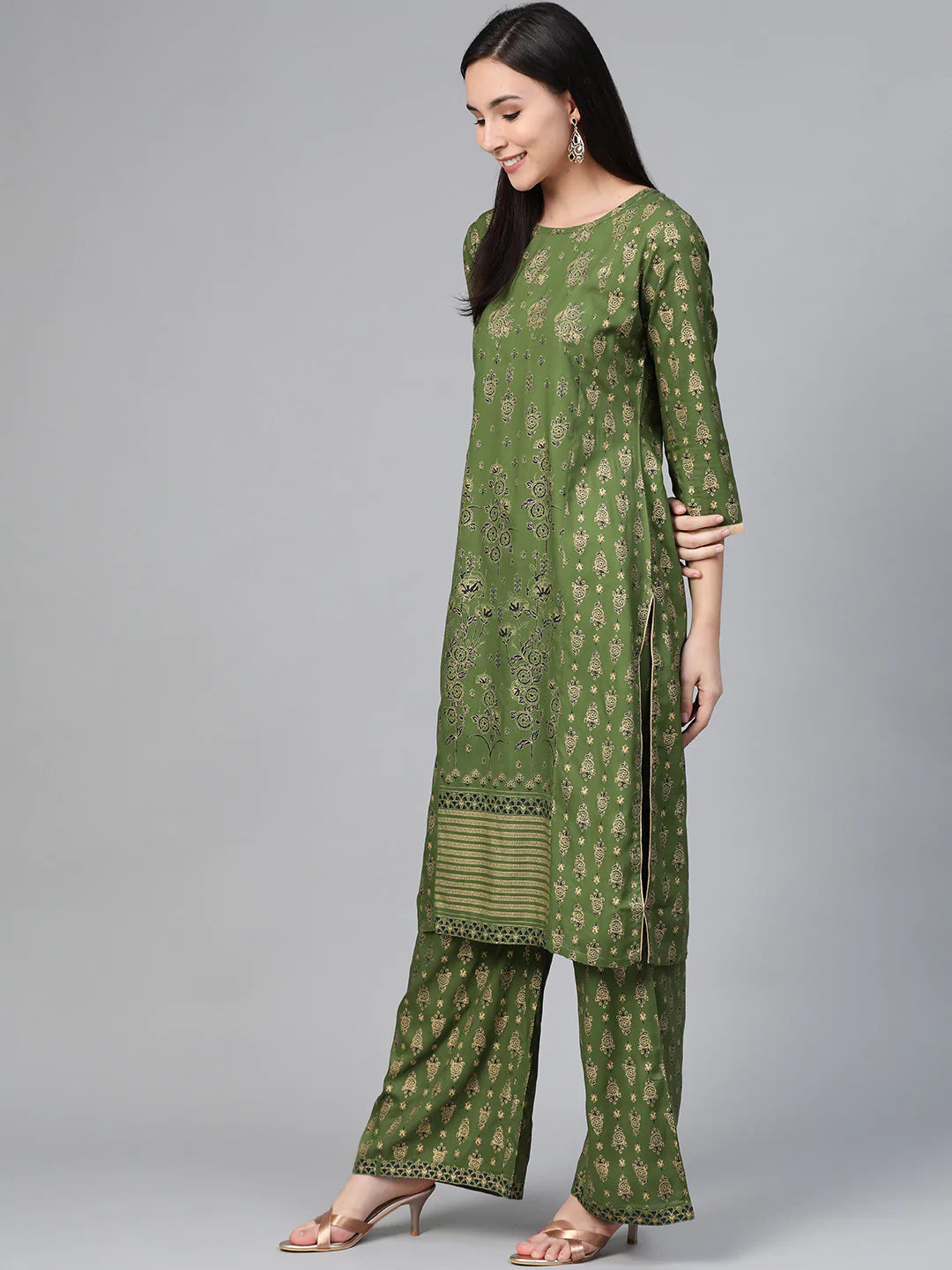 Jompers Women's Green & Golden Block Printed Kurta with Palazzos - Distacart