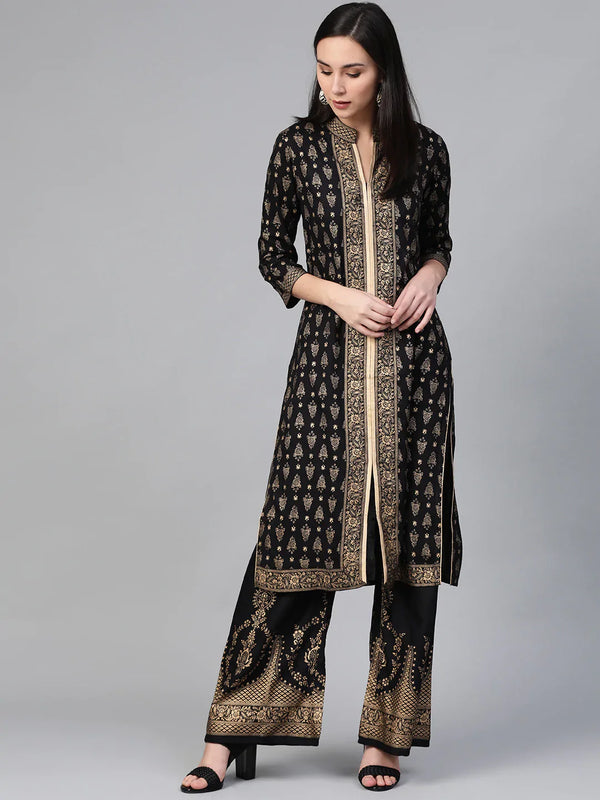 Jompers Women's Black & Golden Block Print Kurta with Palazzos - Distacart