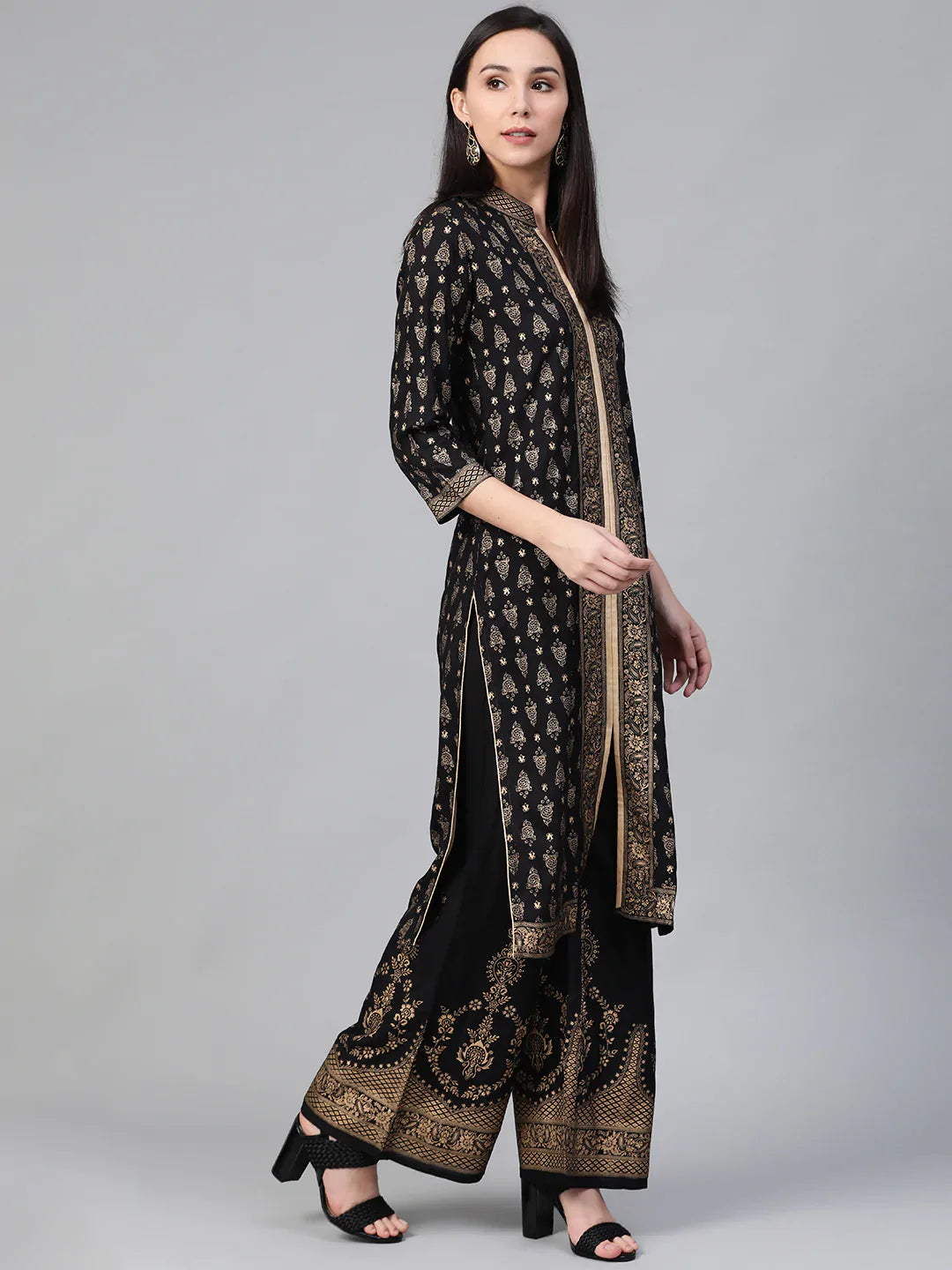 Jompers Women's Black & Golden Block Print Kurta with Palazzos - Distacart