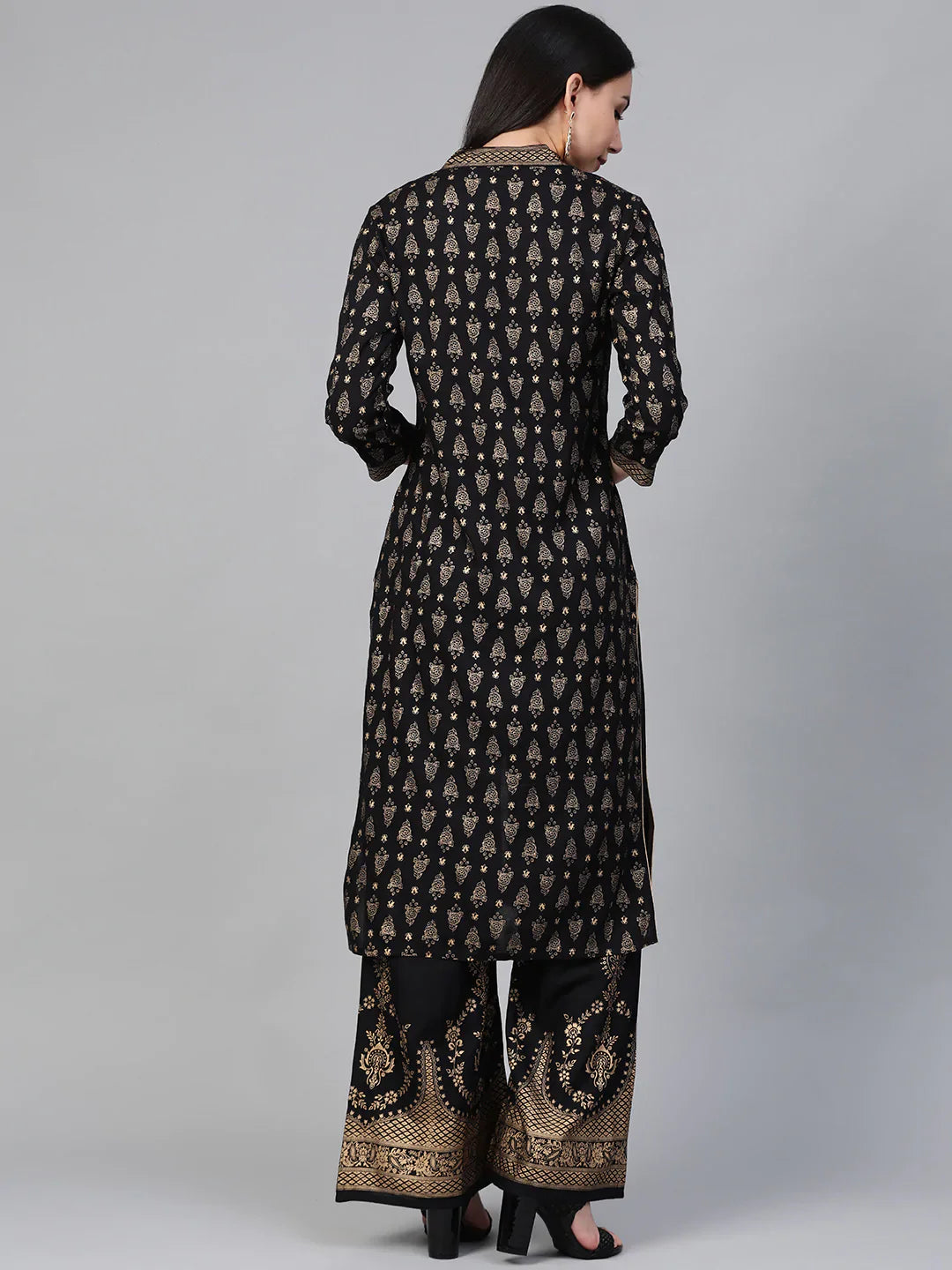 Jompers Women's Black & Golden Block Print Kurta with Palazzos - Distacart