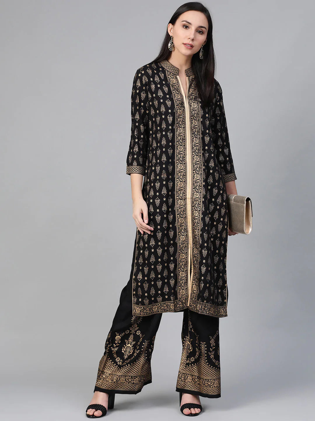Jompers Women's Black & Golden Block Print Kurta with Palazzos - Distacart