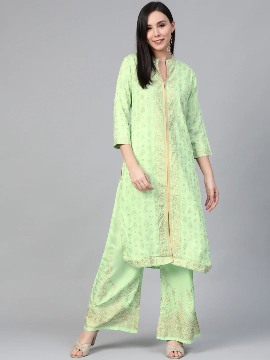 Jompers Women's Green & Golden Block Print Kurta with Palazzos - Distacart