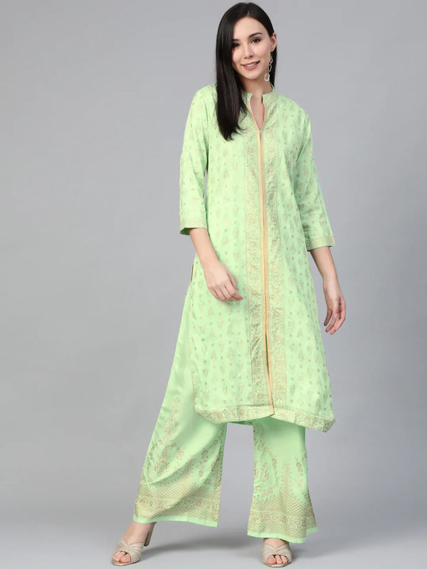 Jompers Women's Green & Golden Block Print Kurta with Palazzos - Distacart