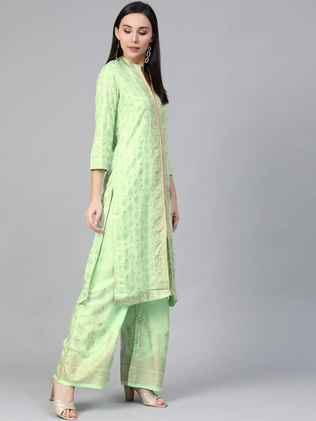 Jompers Women's Green & Golden Block Print Kurta with Palazzos - Distacart