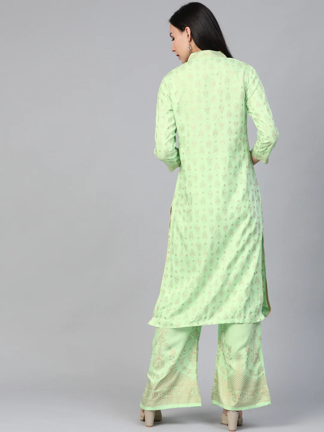 Jompers Women's Green & Golden Block Print Kurta with Palazzos - Distacart