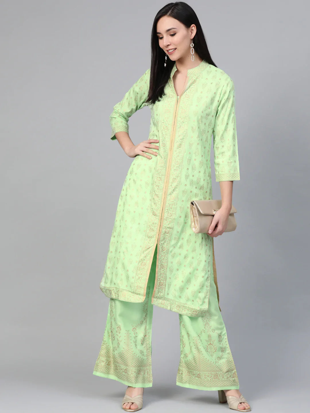 Jompers Women's Green & Golden Block Print Kurta with Palazzos - Distacart