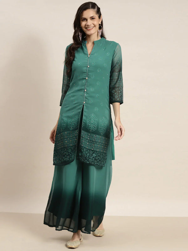 Jompers Women's Printed Mukaish Kurta with Palazzos - Green - Distacart