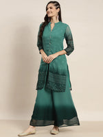 Thumbnail for Jompers Women's Printed Mukaish Kurta with Palazzos - Green - Distacart