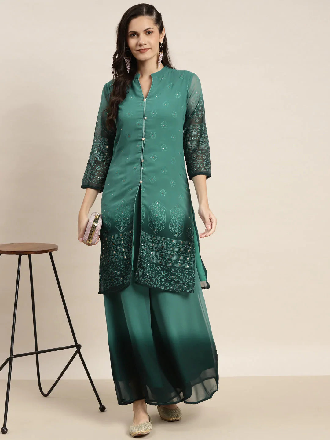 Jompers Women's Printed Mukaish Kurta with Palazzos - Green - Distacart