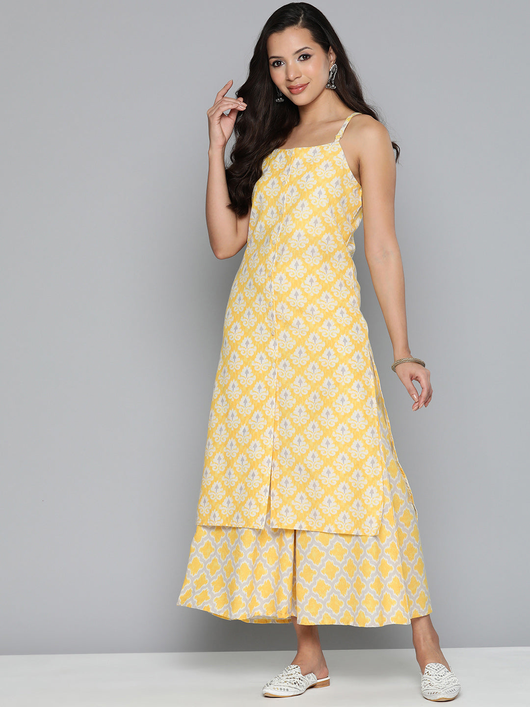 Jompers Women's Ethnic Motifs Printed Kurta with Palazzos - Yellow - Distacart