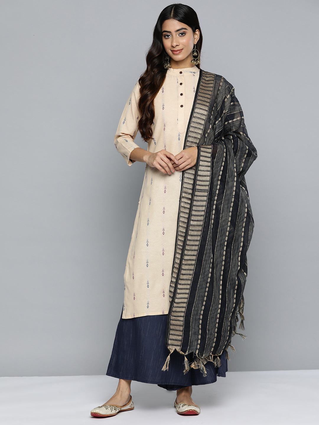 Jompers Women's Woven Design Kurta With Palazzos & Dupatta - Navy Blue - Distacart