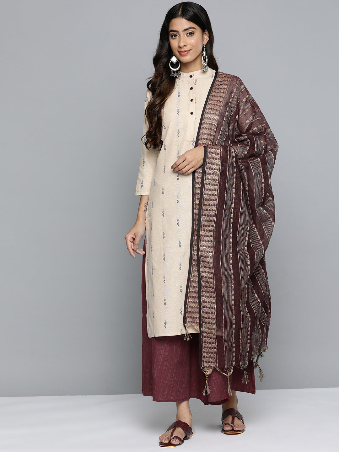 Jompers Women's Woven Design Kurta With Palazzos & Dupatta - Purple - Distacart