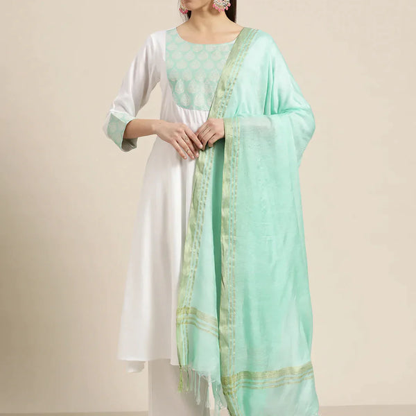 Jompers Women's Yoke Design Jacquard Kurta with Palazzos & Dupatta - Off-White - Distacart