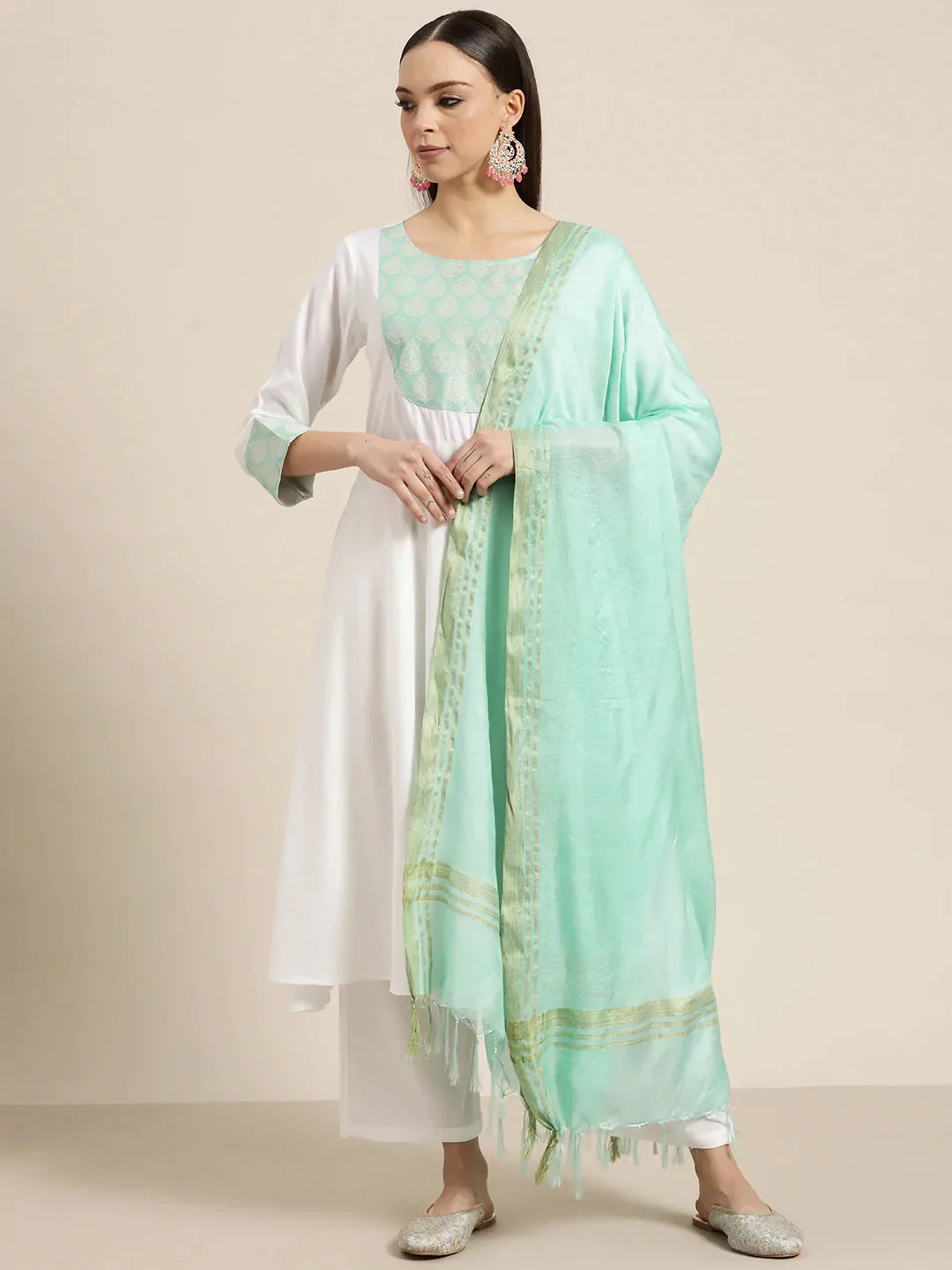Jompers Women's Yoke Design Jacquard Kurta with Palazzos & Dupatta - Off-White - Distacart