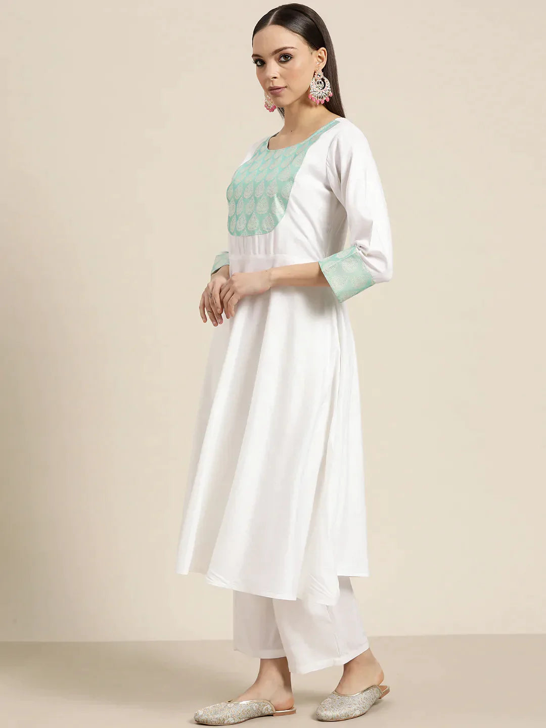 Jompers Women's Yoke Design Jacquard Kurta with Palazzos & Dupatta - Off-White - Distacart