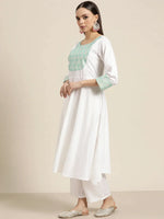 Thumbnail for Jompers Women's Yoke Design Jacquard Kurta with Palazzos & Dupatta - Off-White - Distacart