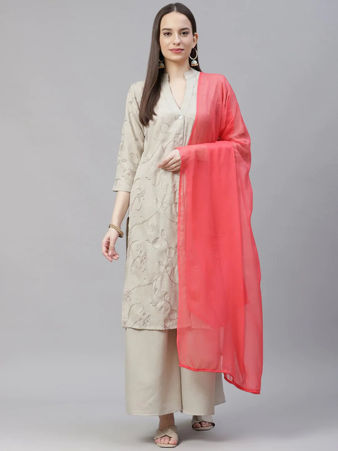 Jompers Women's Grey & Pink Floral Embroidered Regular Kurta with Palazzos & Dupatta - Distacart