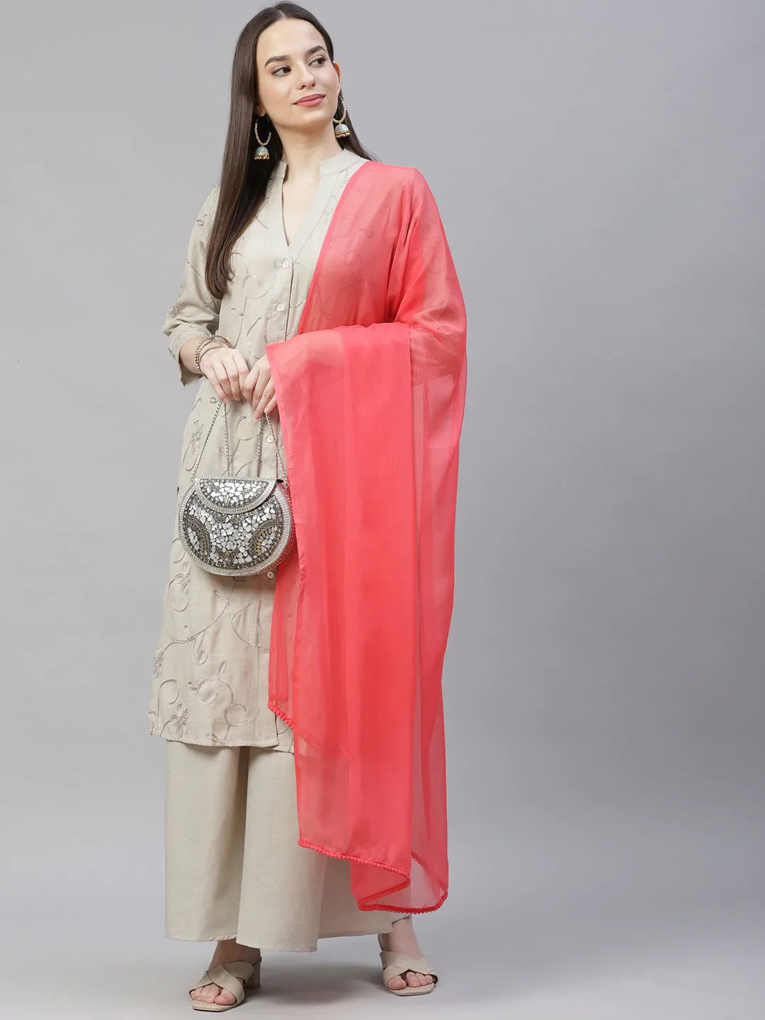 Jompers Women's Grey & Pink Floral Embroidered Regular Kurta with Palazzos & Dupatta - Distacart