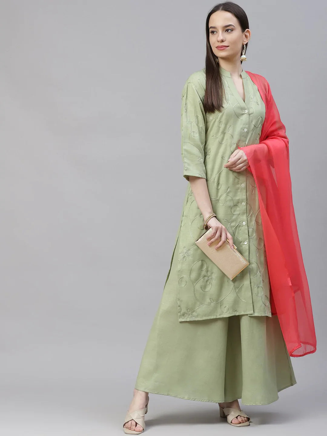 Jompers Women's Lime Green & Pink Floral Embroidered Kurta with Palazzos & Dupatta - Distacart