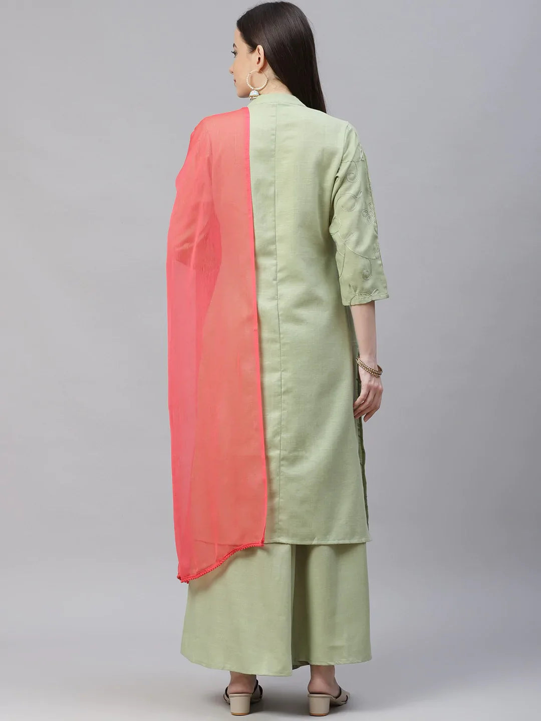 Jompers Women's Lime Green & Pink Floral Embroidered Kurta with Palazzos & Dupatta - Distacart