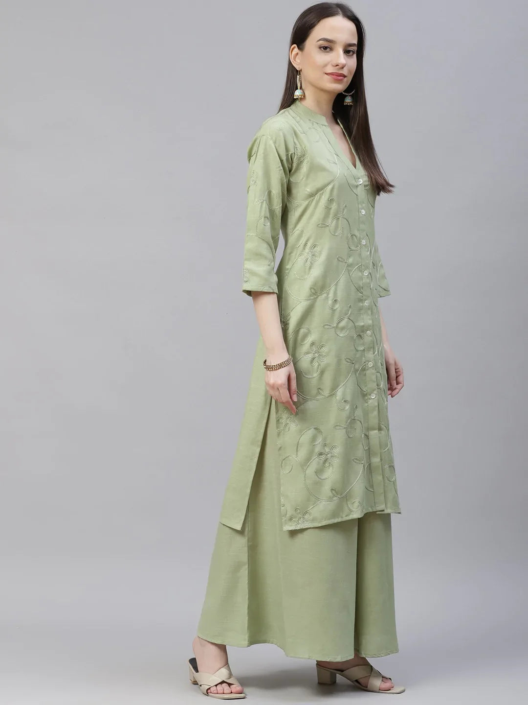 Jompers Women's Lime Green & Pink Floral Embroidered Kurta with Palazzos & Dupatta - Distacart