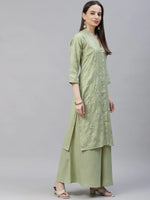 Thumbnail for Jompers Women's Lime Green & Pink Floral Embroidered Kurta with Palazzos & Dupatta - Distacart