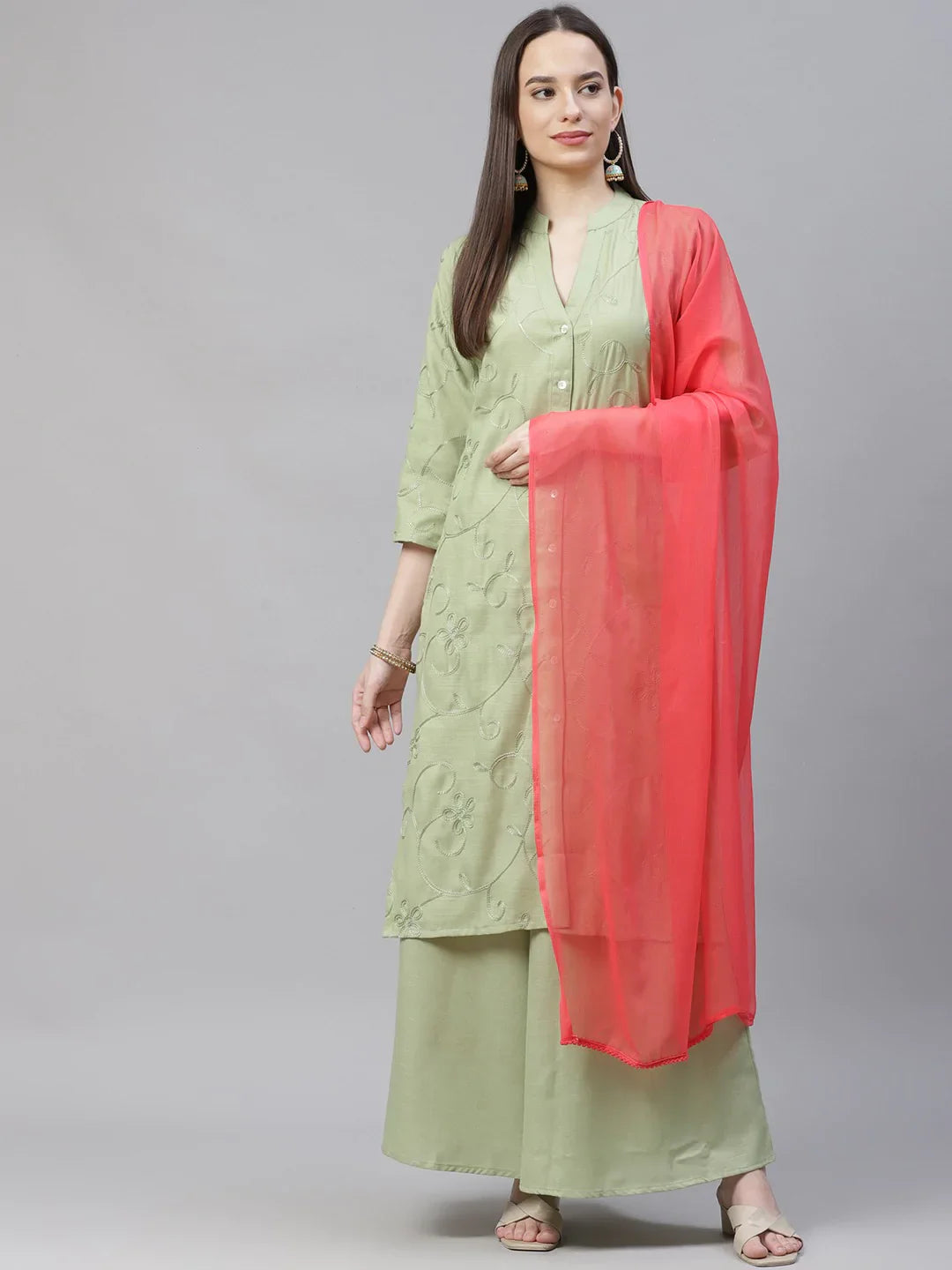 Jompers Women's Lime Green & Pink Floral Embroidered Kurta with Palazzos & Dupatta - Distacart