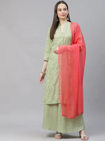 Thumbnail for Jompers Women's Lime Green & Pink Floral Embroidered Kurta with Palazzos & Dupatta - Distacart