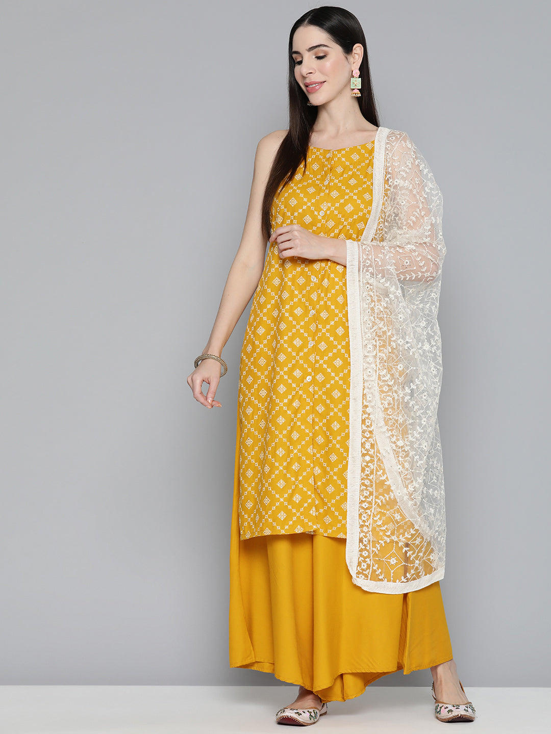 Jompers Women's Printed Kurta with Palazzos & With Chikankari Dupatta - Mustard - Distacart