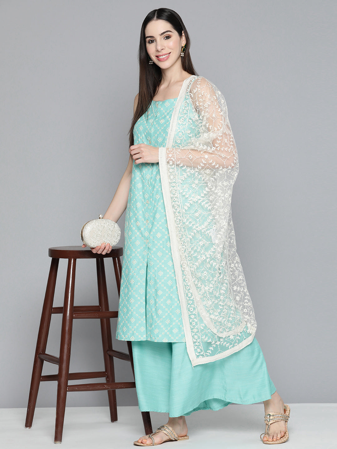 Jompers Women's Printed Blue Kurta with Palazzos & With Chikankari Dupatta - Distacart