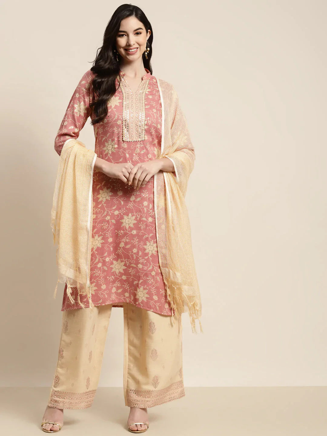 Jompers Women's Gotta Patti work Kurta, Palazzos & Dupatta - Pink - Distacart
