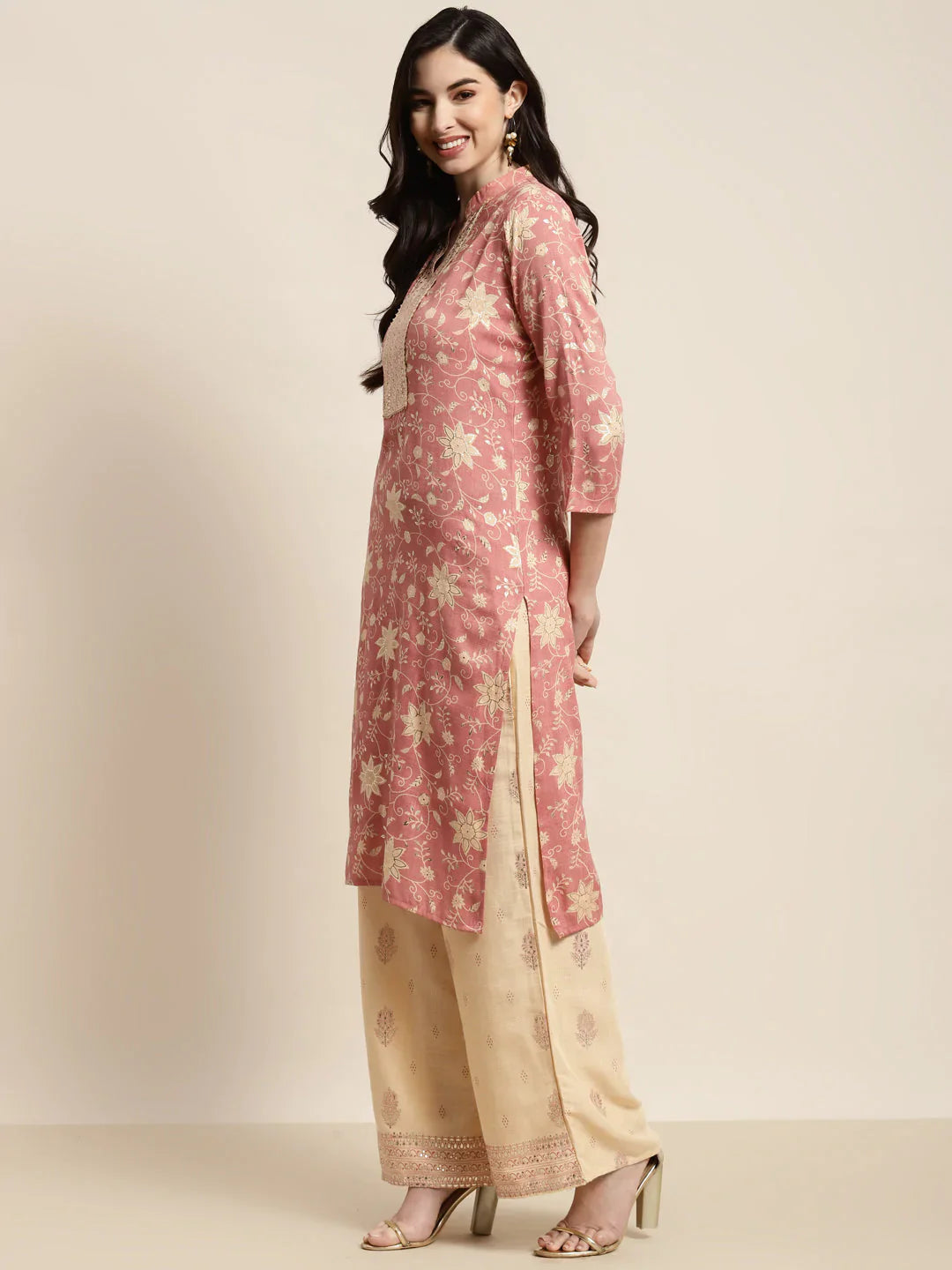 Jompers Women's Gotta Patti work Kurta, Palazzos & Dupatta - Pink - Distacart
