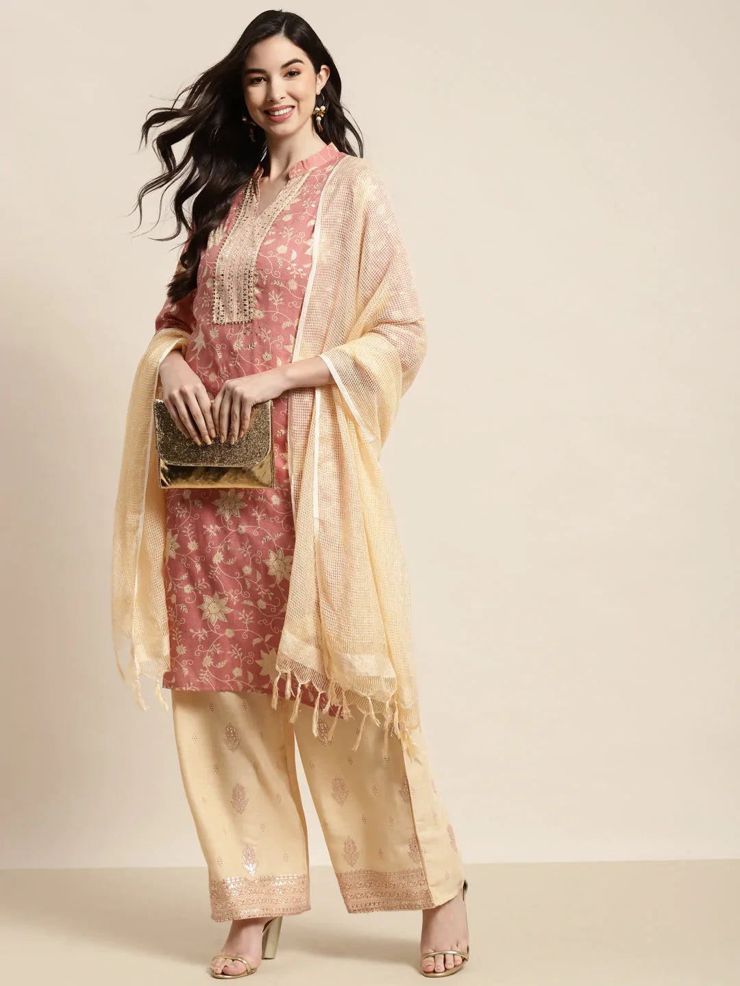 Jompers Women's Gotta Patti work Kurta, Palazzos & Dupatta - Pink - Distacart
