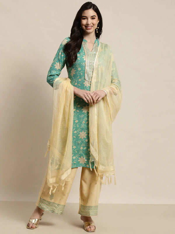 Jompers Women's Gotta Patti work Kurta, Palazzos & Dupatta - Sky Blue - Distacart