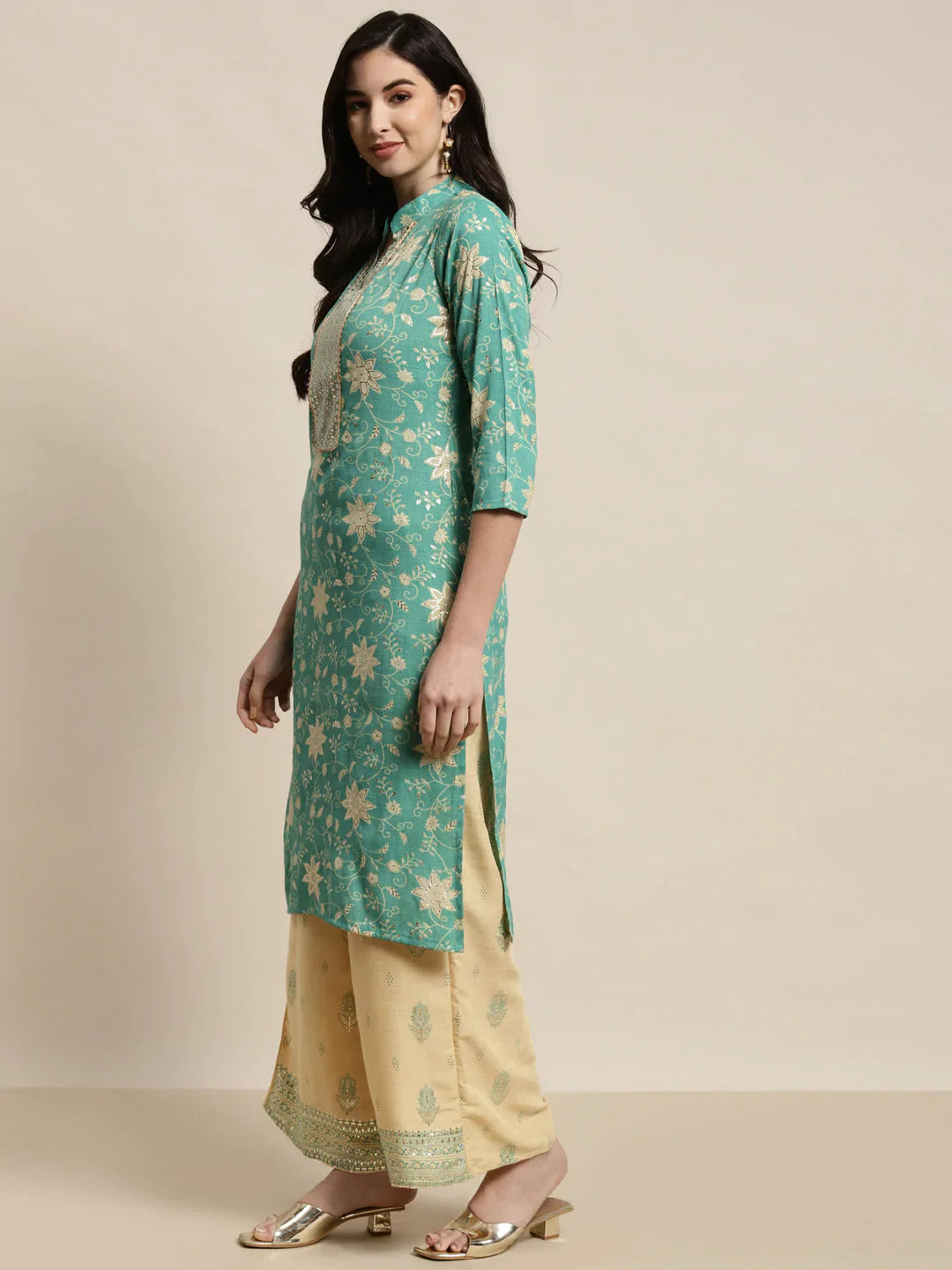 Jompers Women's Gotta Patti work Kurta, Palazzos & Dupatta - Sky Blue - Distacart