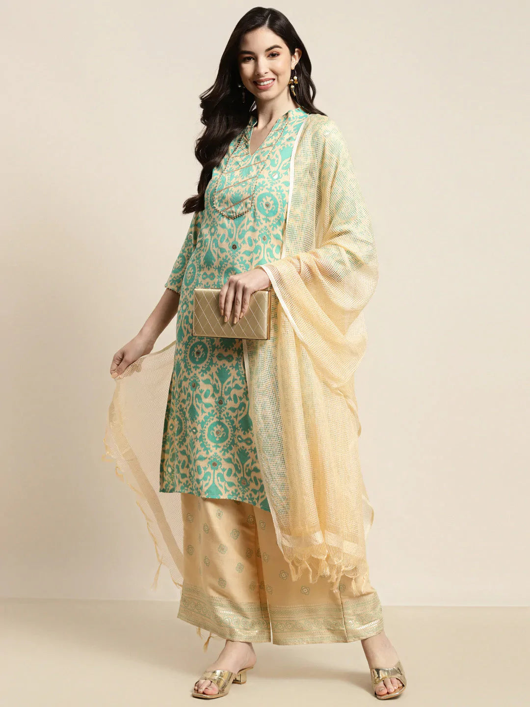Jompers Women's Gotta Patti work Kurta, Palazzos & Dupatta - Sky Blue - Distacart