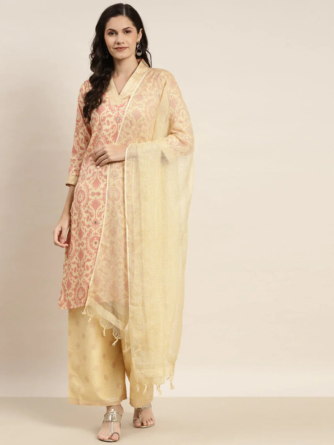 Jompers Women's Printed Kurta with Palazzos & Dupatta - Pink - Distacart