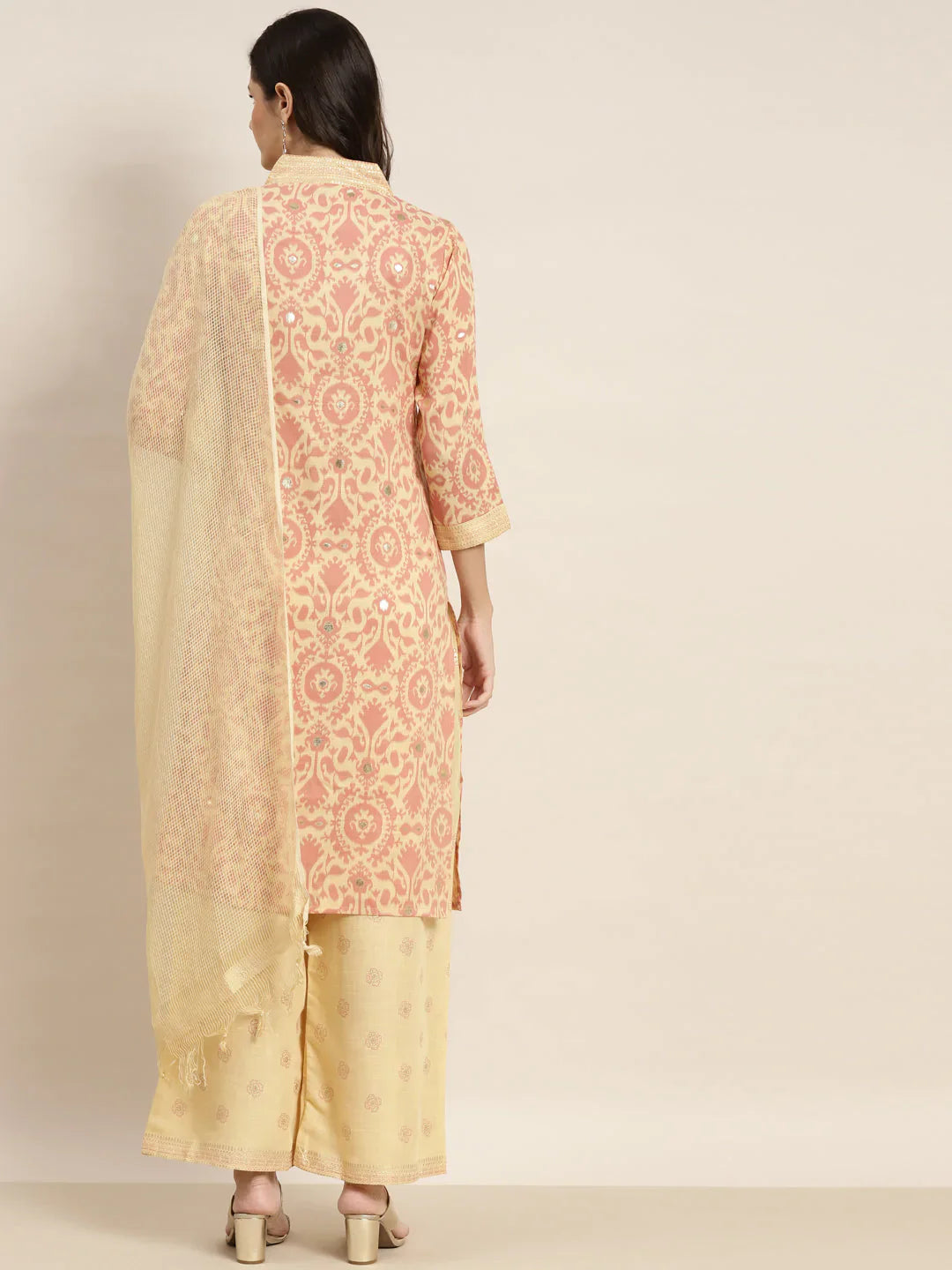 Jompers Women's Printed Kurta with Palazzos & Dupatta - Pink - Distacart