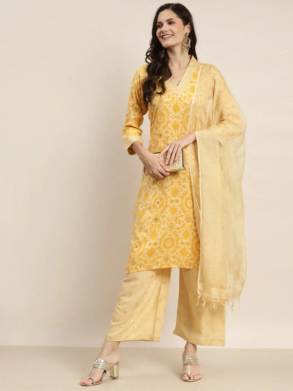 Jompers Women's Printed Kurta with Palazzos & Dupatta - Yellow - Distacart
