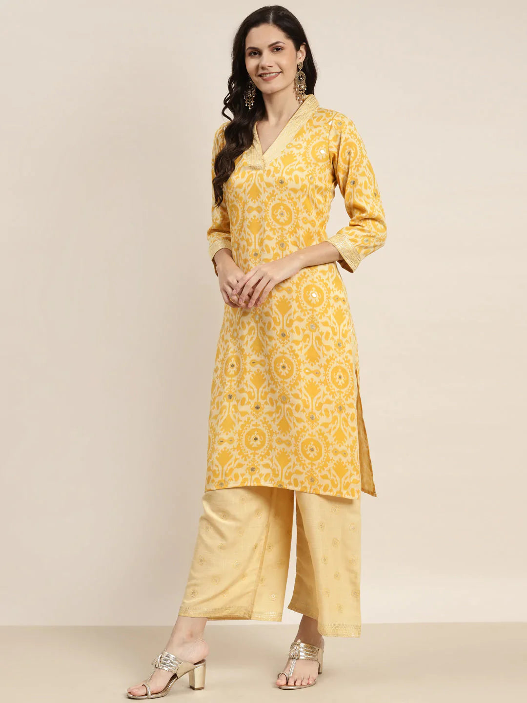 Jompers Women's Printed Kurta with Palazzos & Dupatta - Yellow - Distacart