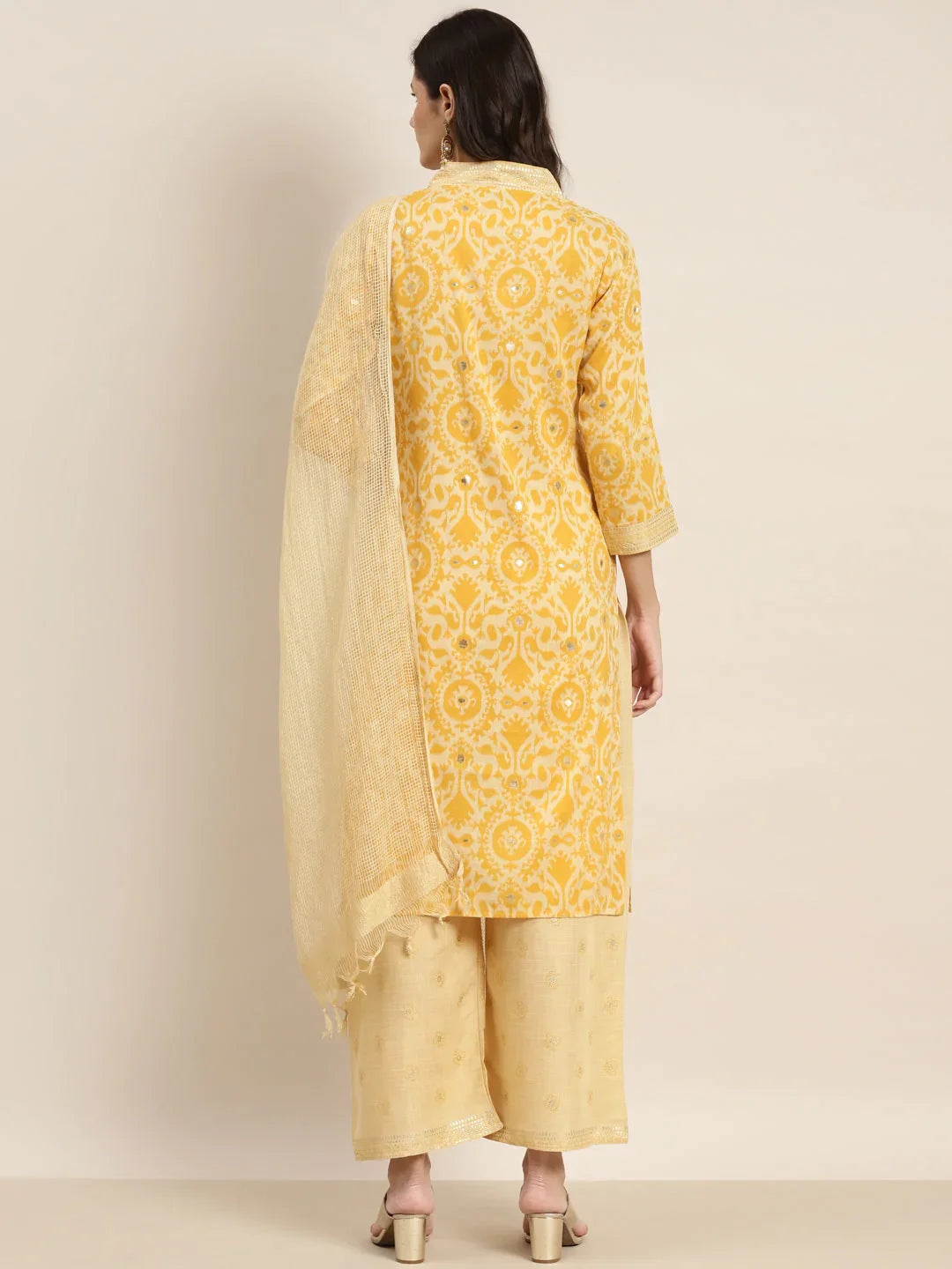 Jompers Women's Printed Kurta with Palazzos & Dupatta - Yellow - Distacart