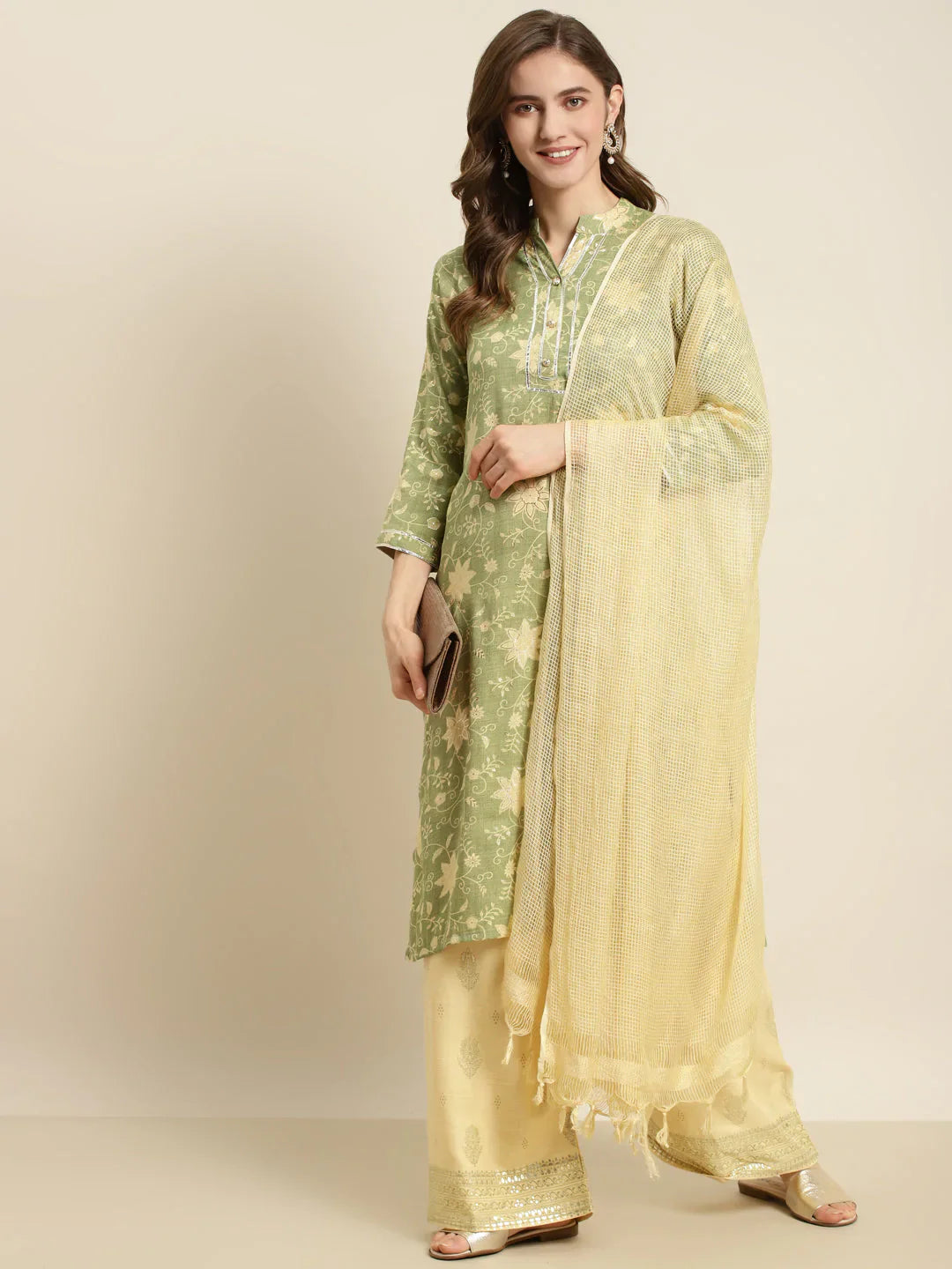 Jompers Women's Gotta Patti Kurta with Palazzos & Dupatta - Green - Distacart