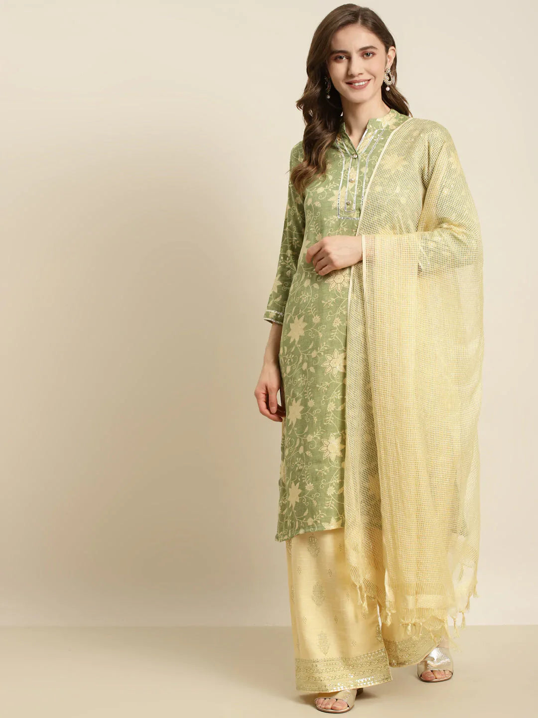 Jompers Women's Gotta Patti Kurta with Palazzos & Dupatta - Green - Distacart
