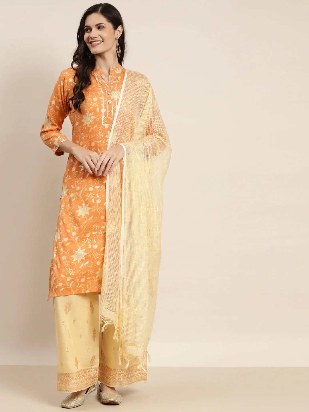 Jompers Women's Gotta Patti Kurta with Palazzos & Dupatta - Orange - Distacart
