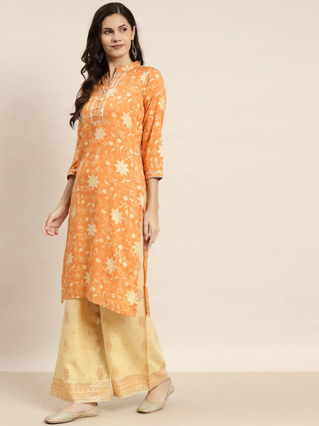 Jompers Women's Gotta Patti Kurta with Palazzos & Dupatta - Orange - Distacart
