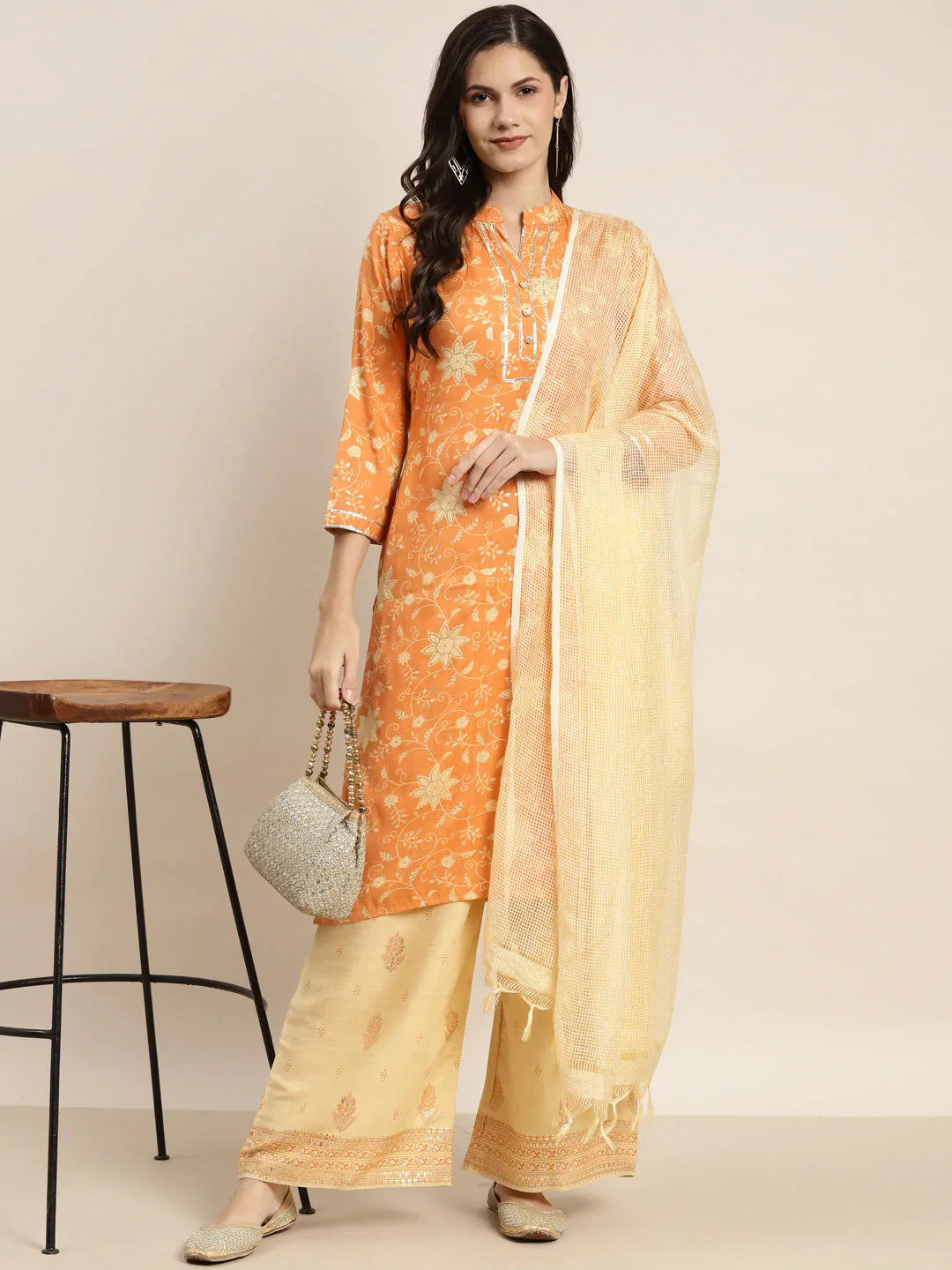 Jompers Women's Gotta Patti Kurta with Palazzos & Dupatta - Orange - Distacart