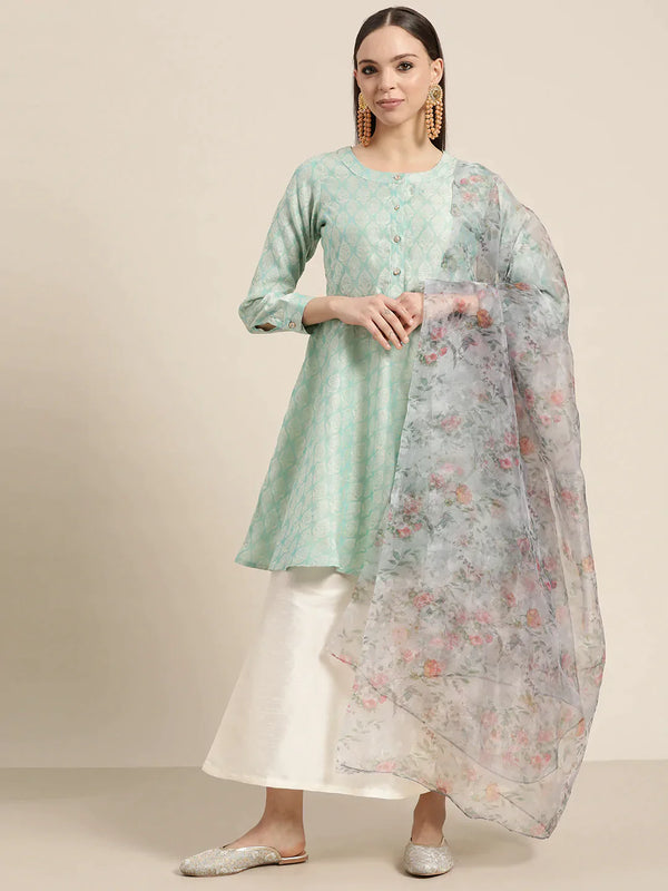 Jompers Women's Floral Pleated Dupion Silk Jacquard Kurta with Palazzos & Dupatta - Blue - Distacart