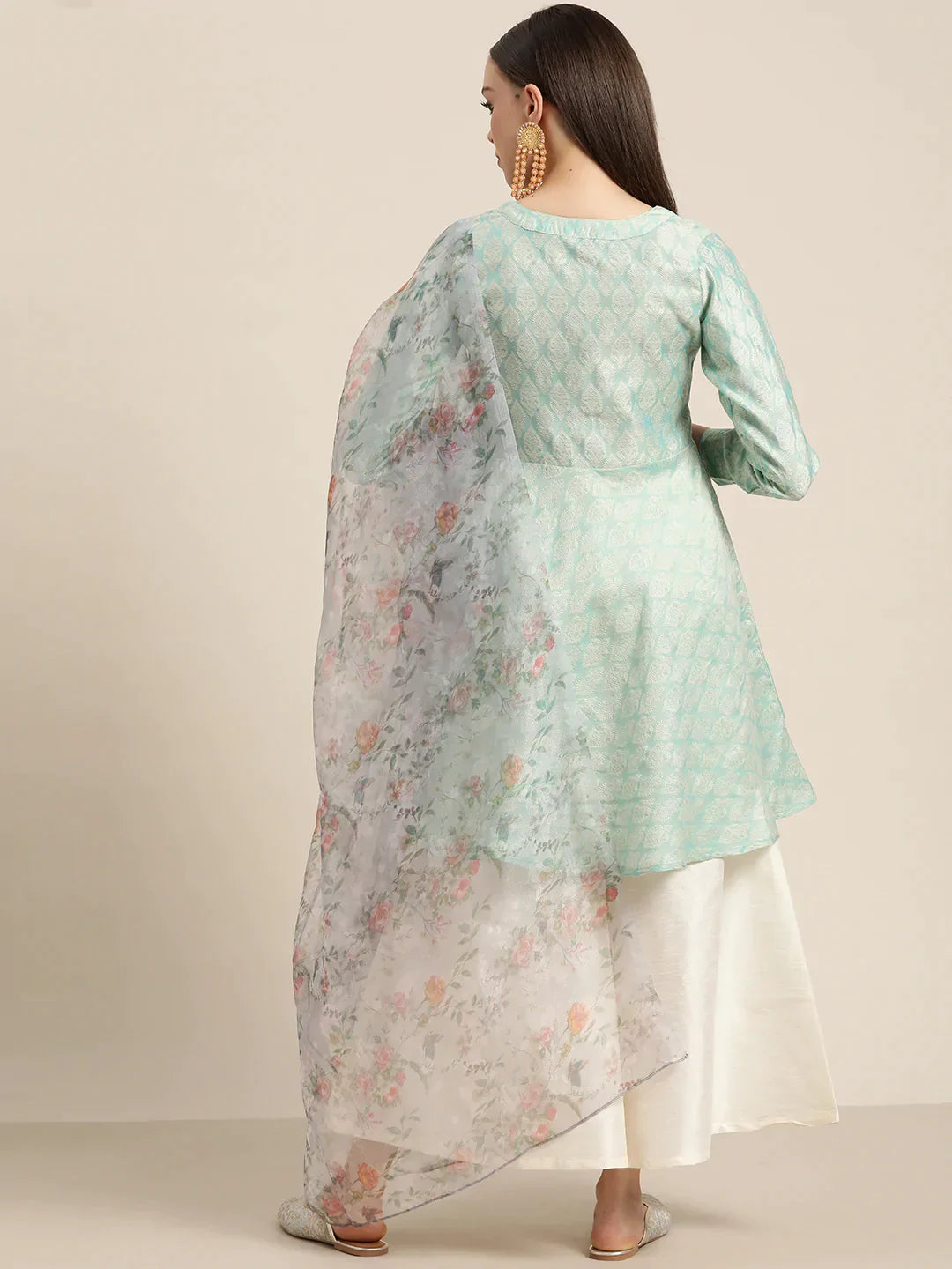 Jompers Women's Floral Pleated Dupion Silk Jacquard Kurta with Palazzos & Dupatta - Blue - Distacart