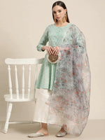 Thumbnail for Jompers Women's Floral Pleated Dupion Silk Jacquard Kurta with Palazzos & Dupatta - Blue - Distacart
