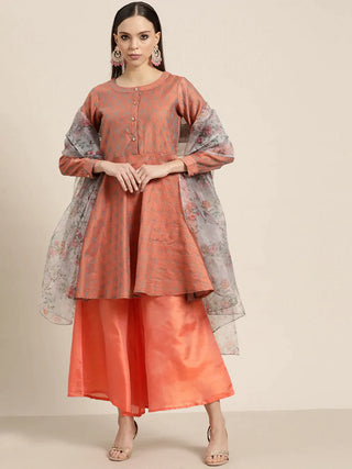 Jompers Women's Floral Pleated Dupion Silk Jacquard Kurta with Palazzos & Dupatta - Orange - Distacart